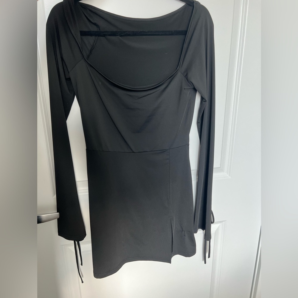Black boat-neck mini dress